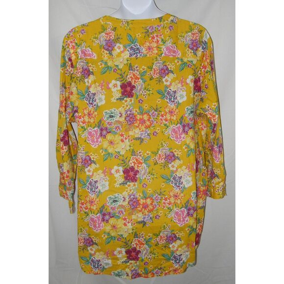 Golden Yellow Floral Plus Sz 28 Cotton Pintucked Button Up Tunic Shirt ROAMAN'S - Picture 5 of 8